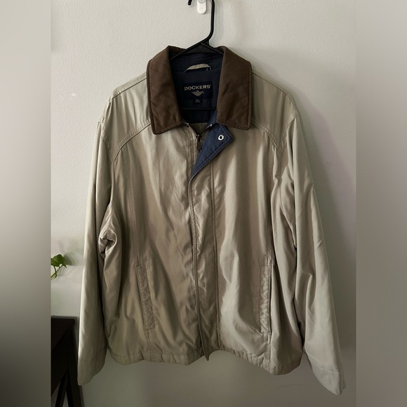 Dockers Green Khaki Brown Leather Collar Bomber Coat Jacket XL - Picture 1 of 10